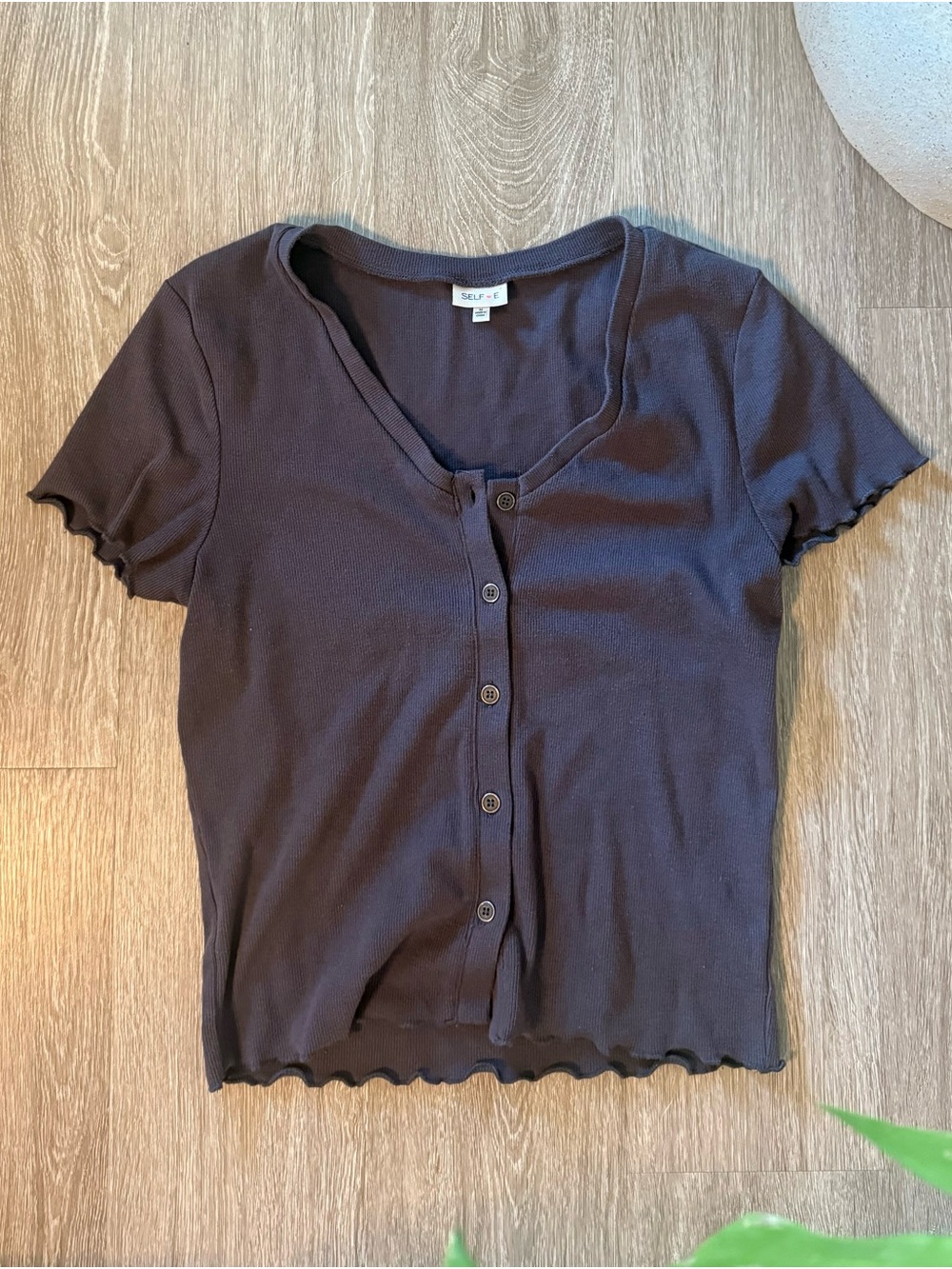 Self Esteem Dark Gray Ribbed Button Front Top Size M